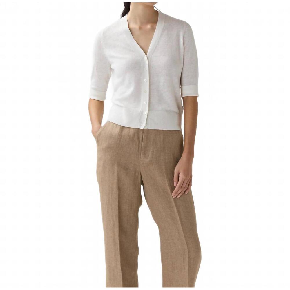 NEW ANN MASHBURN short sleeve rosie v neck cardigan in off white linen